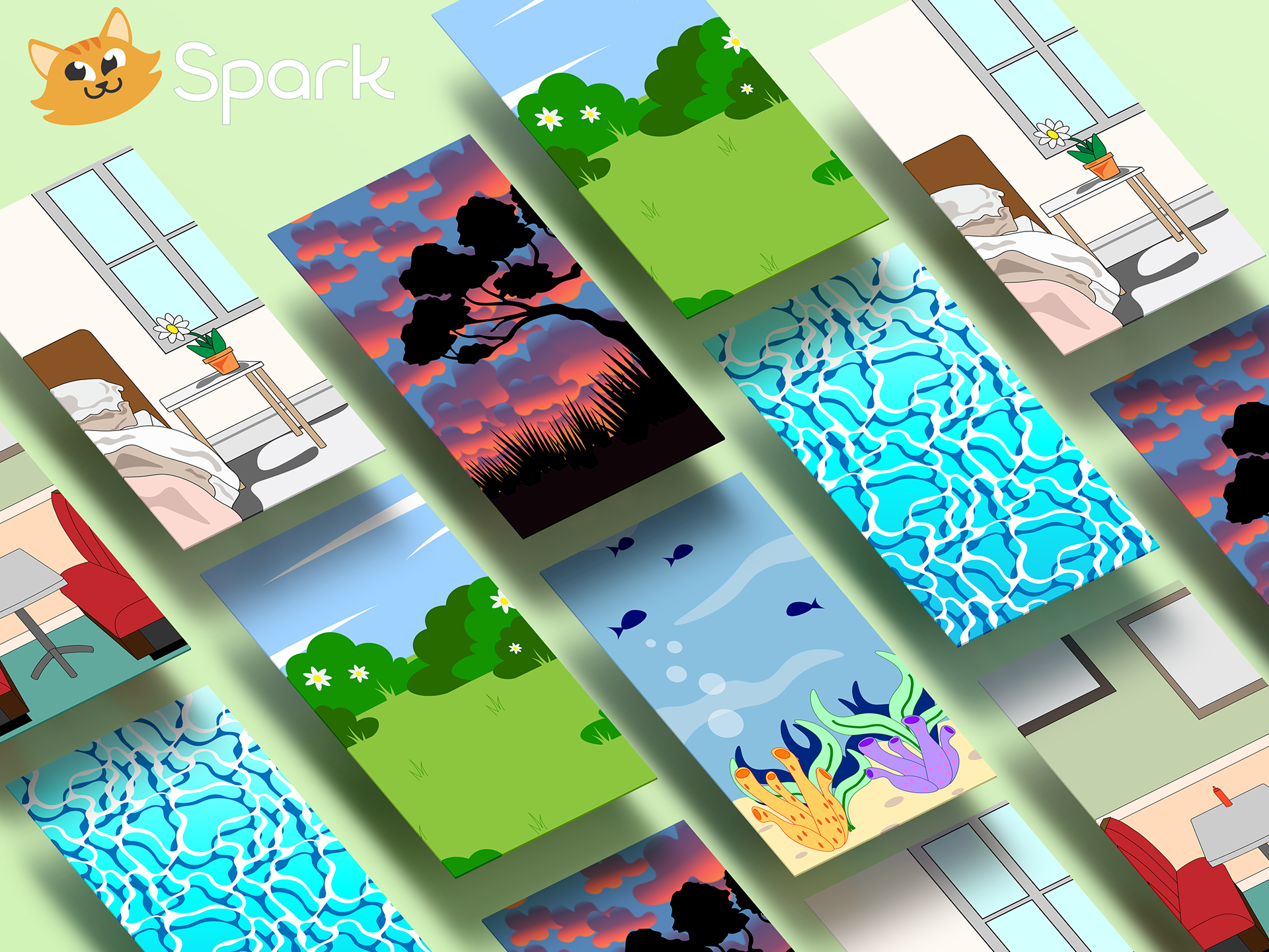 Collection of digital illustrations including nature scenes, underwater life, and indoor environments, arranged in a grid with a green background and a Spark logo with a cartoon cat.