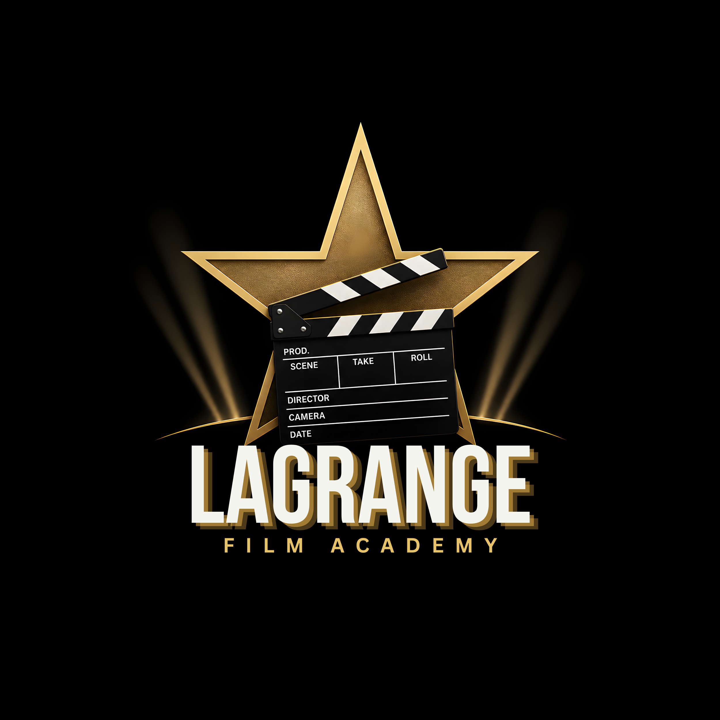 A black background with a golden star at the center. In front of the star, there is a film clapperboard with labels for production, scene, take, roll, director, camera, and date. Below the star, the text reads "LAGRANGE FILM ACADEMY."