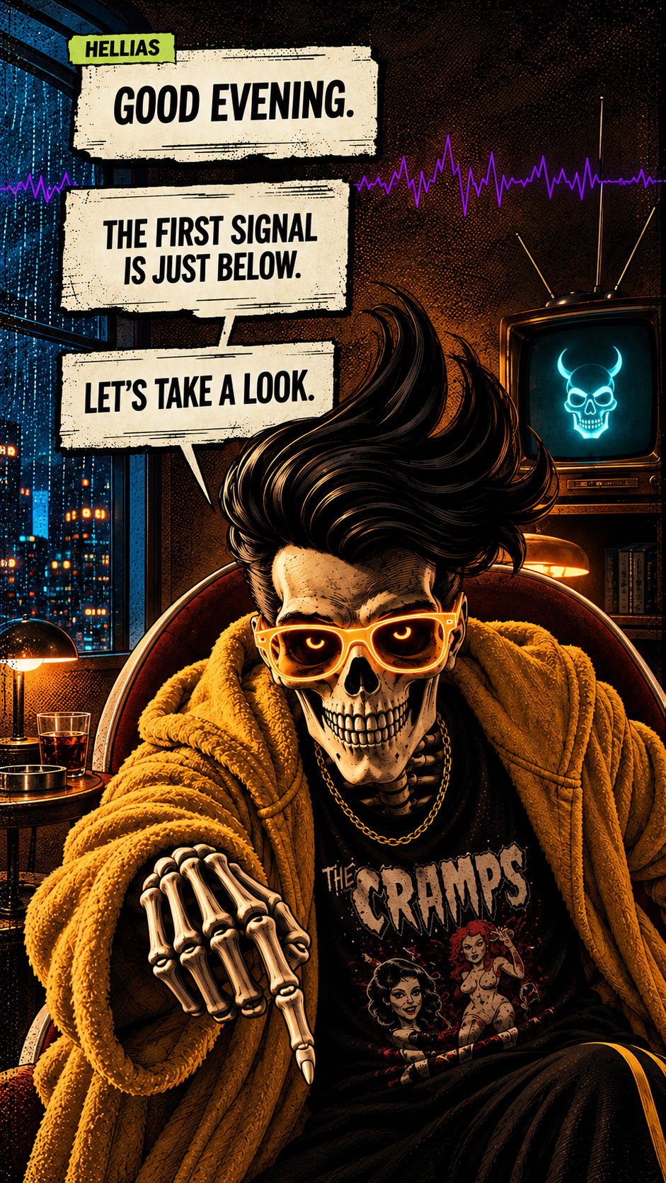 A humanoid skeleton with dark hair, wearing orange sunglasses, a yellow hoodie, and a The Cramps band shirt, sitting in a dimly lit room with a city skyline through a window. There is a skull and crossbones image on a TV screen in the background. The skeleton is pointing towards the camera. The scene includes a side table with drinks and a bookcase. The skeleton has speech bubbles saying, "Good evening. The first signal is just below. Let's take a look."
