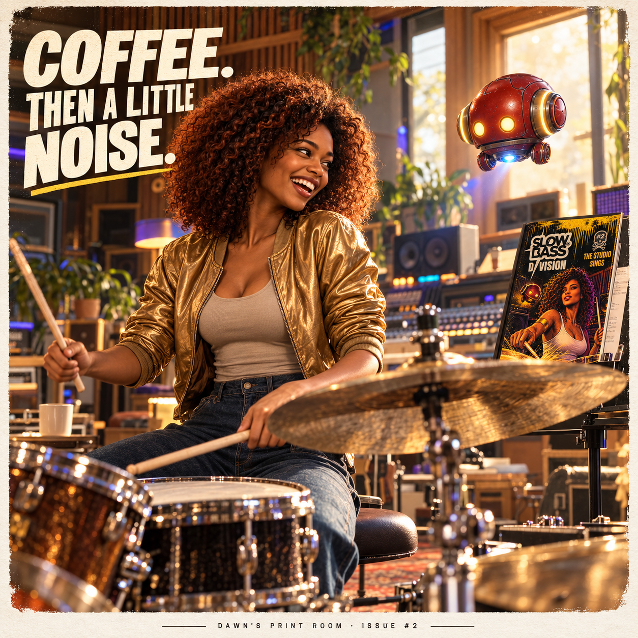 Dawn laughs while playing the drums as RØBY#1 hovers nearby. Issue #2 stands on a music stand beside her. Text: Coffee. Then a little noise.