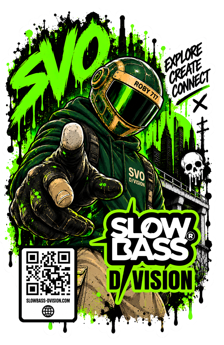 A promotional graphic featuring a person in a green and black helmet with a reflective visor, pointing towards the viewer. The background has a graffiti style with green and black splashes, a city skyline, and a skull. Text includes "SVO" in large green letters, "Explore, Create, Connect," "Slow Bass D/Vision," and a QR code with the website slowbass-divison.com.