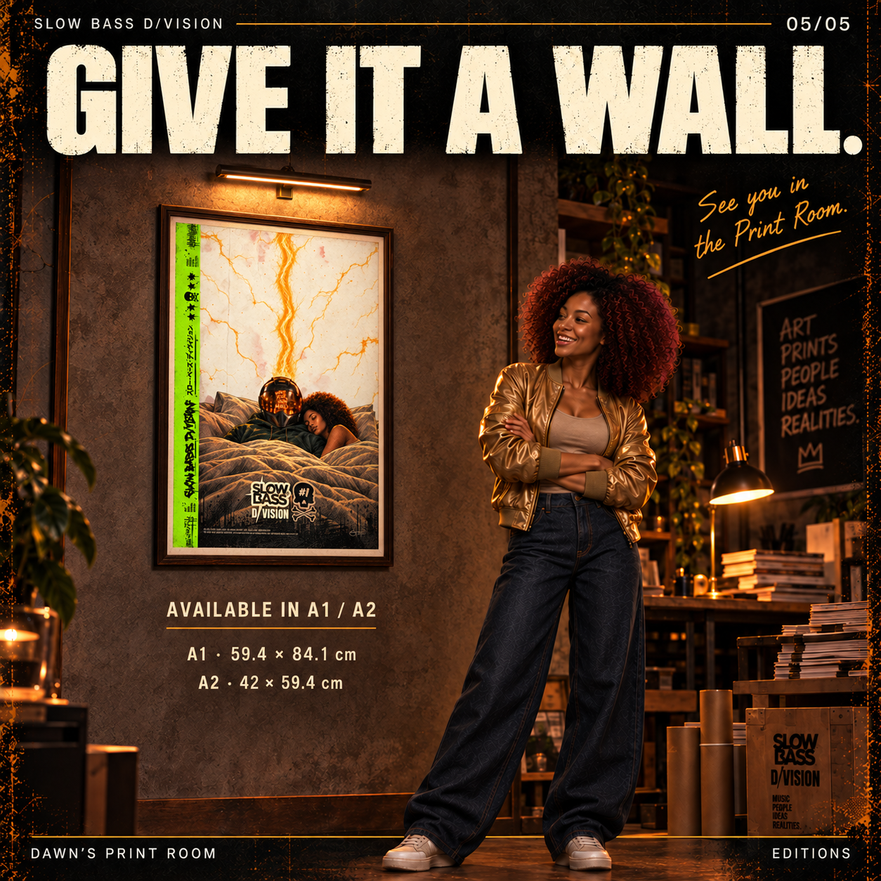 Dawn stands beside a framed Issue #1 poster in her warmly lit Print Room. Text reads: “Give It a Wall.” and “See you in the Print Room.”