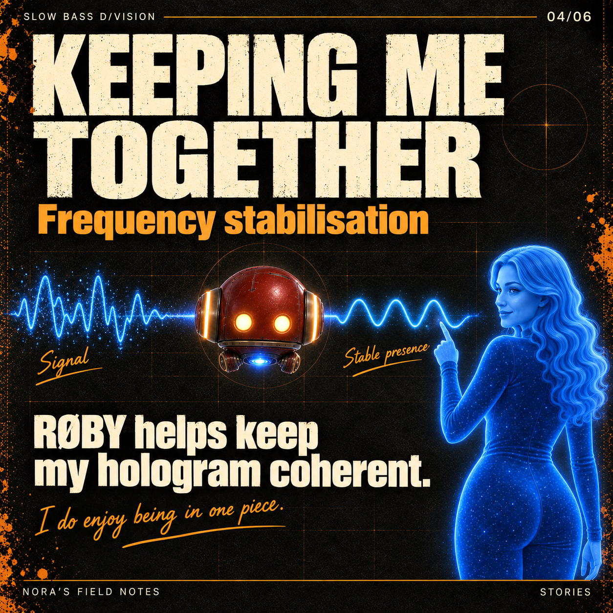04-stability.png — Nora turns towards a conceptual waveform diagram explaining how RØBY helps keep her hologram coherent.