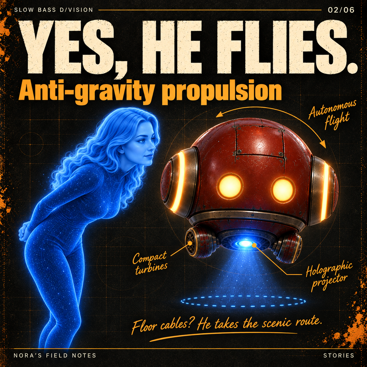02-flight.png — Nora leans forward to examine RØBY#1. Labels identify compact turbines, the holographic projector and autonomous flight.