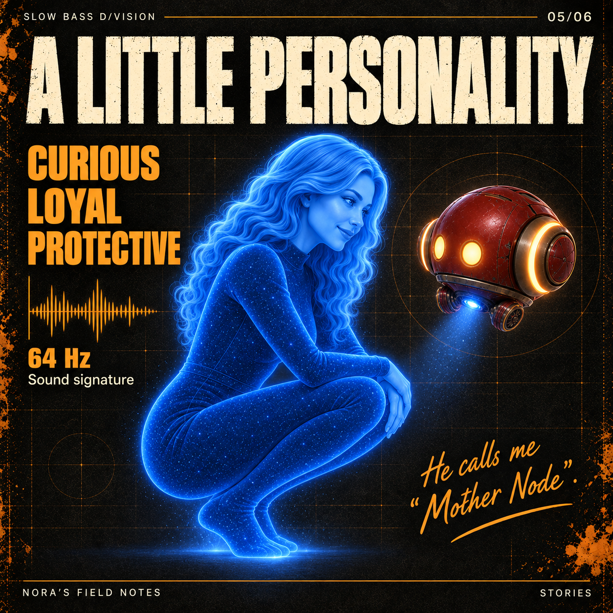 05-personality.png — Nora crouches beside RØBY#1. The slide describes him as curious, loyal and protective, with a 64 Hz sound signature.