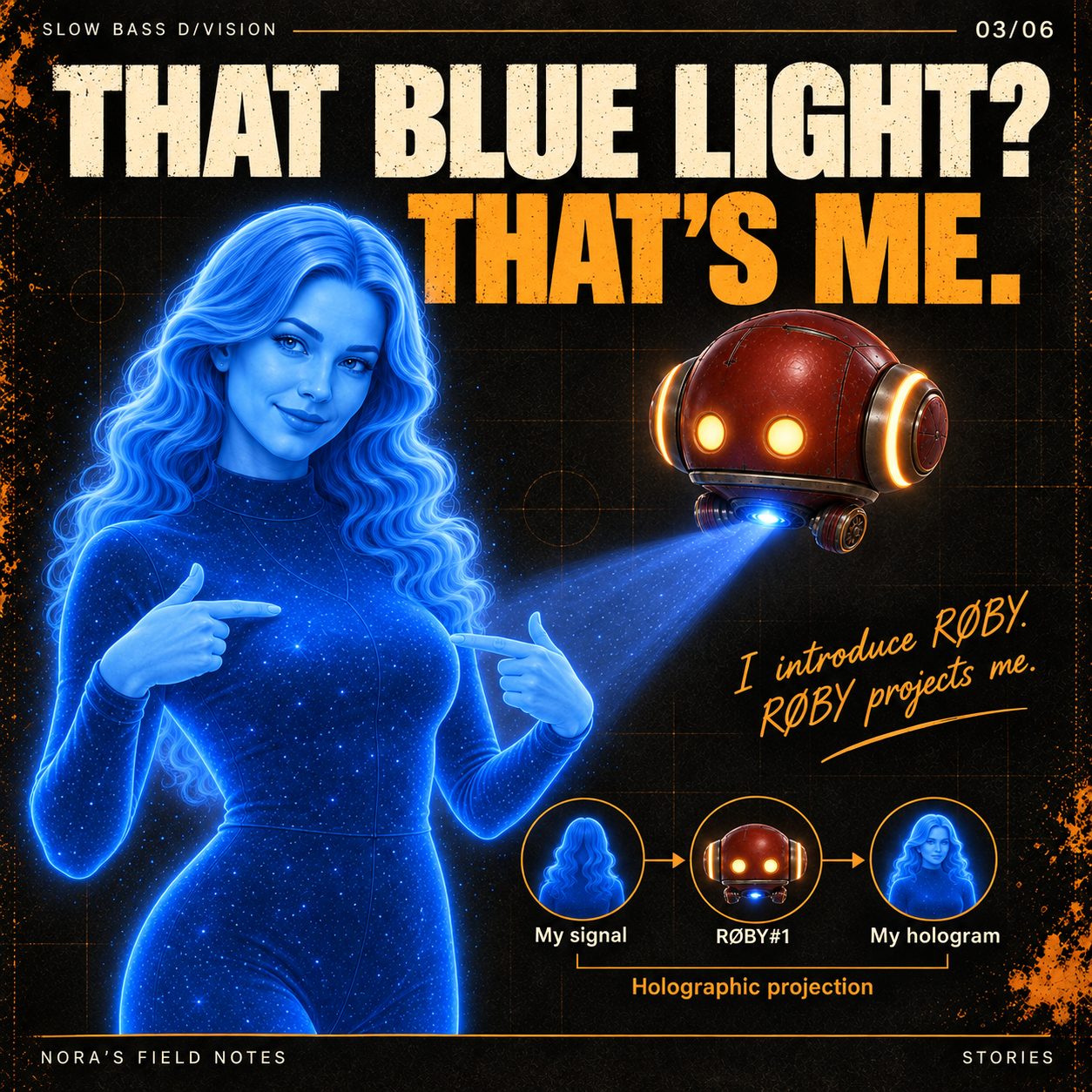 03-projection.png — Nora points towards herself while RØBY#1 projects blue light. A diagram links her signal, RØBY#1 and her hologram.