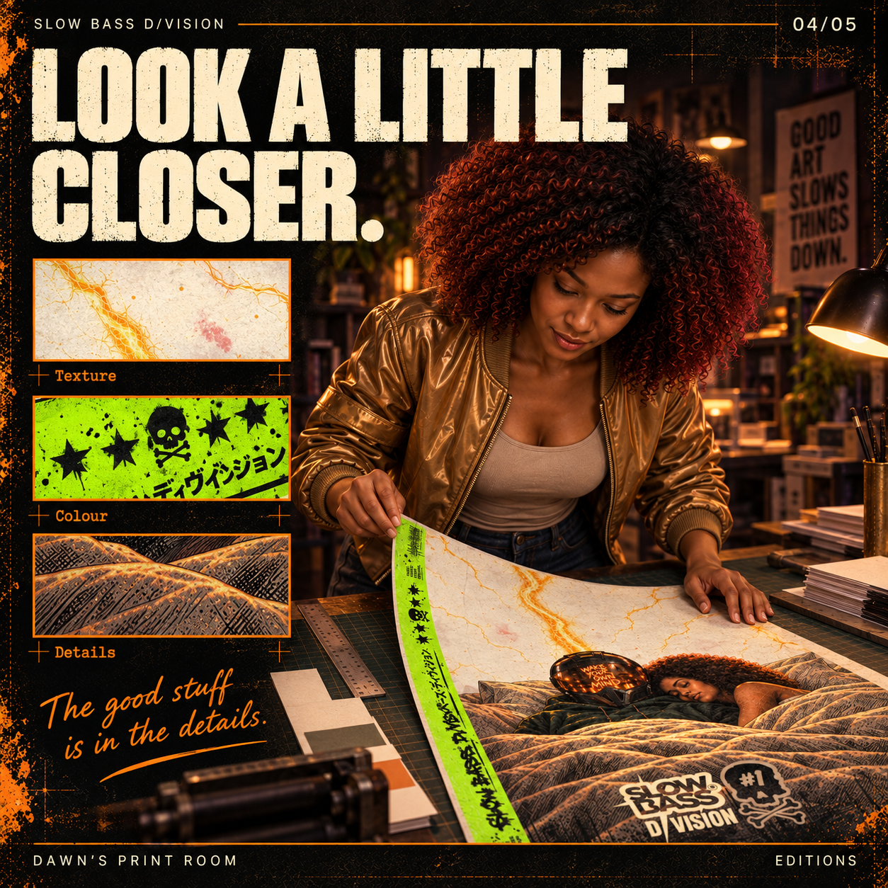 Dawn examines the Issue #1 poster on her worktable. Enlarged details highlight its cream texture, bright green border and finely patterned bedding.