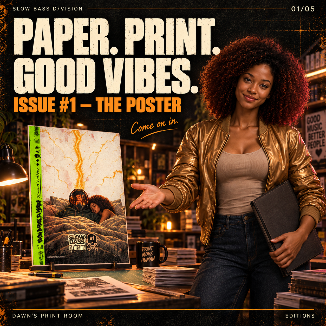 Dawn welcomes visitors to her Print Room beside the Issue #1 poster. Text reads: “Paper. Print. Good Vibes.” and “Come on in.”