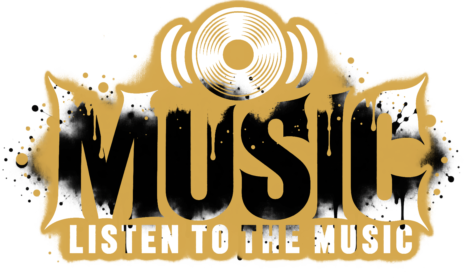 Graffiti-style text artwork with the words "Music" in black and gold colors, with paint splatters and drips.