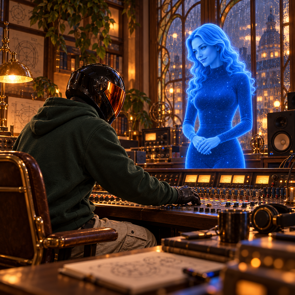 SVO adjusts an analog mixing console while blue holographic Nora watches from across the desk in the warmly lit studio.