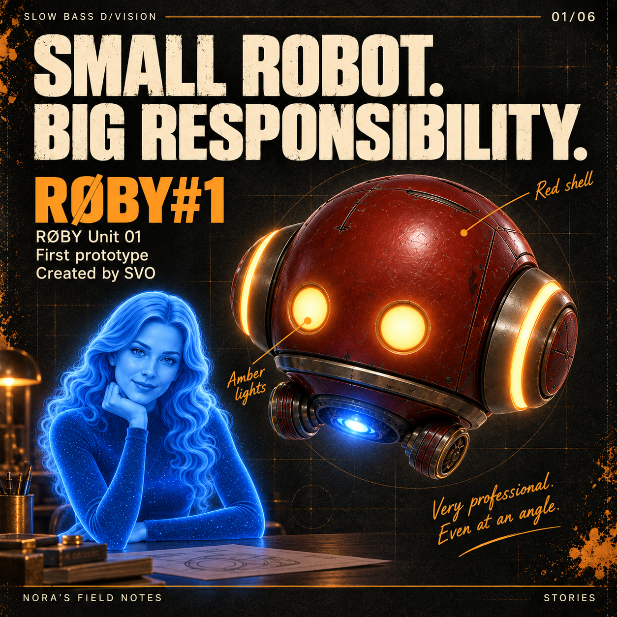 01-small-robot.png — Nora rests her chin on one hand beside an annotated portrait of RØBY#1, the red first prototype created by SVO.