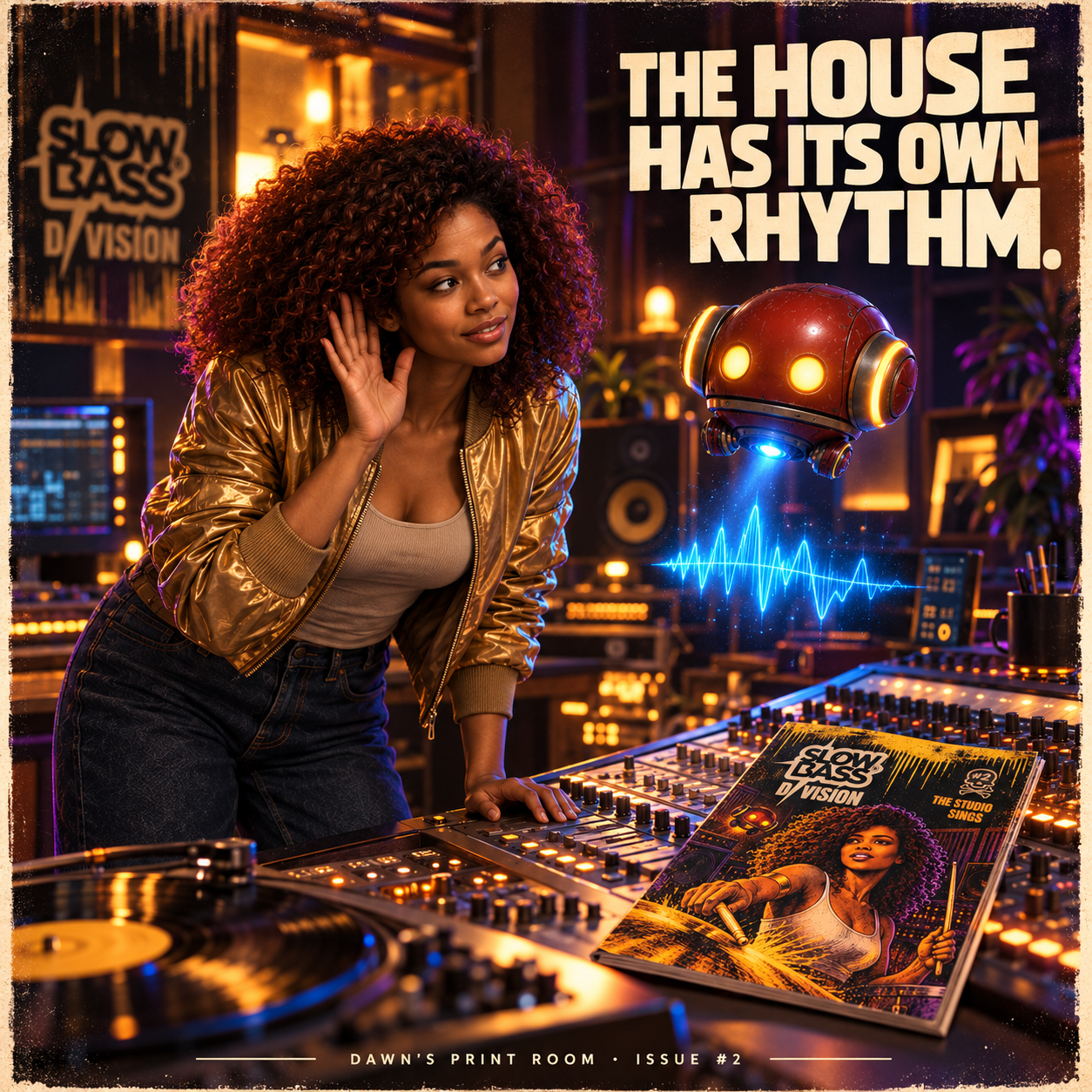 Dawn leans towards RØBY#1 with a hand cupped to her ear. The robot projects a blue waveform above the mixing desk, where Issue #2 lies in the foreground. Text: The House has its own rhythm.
