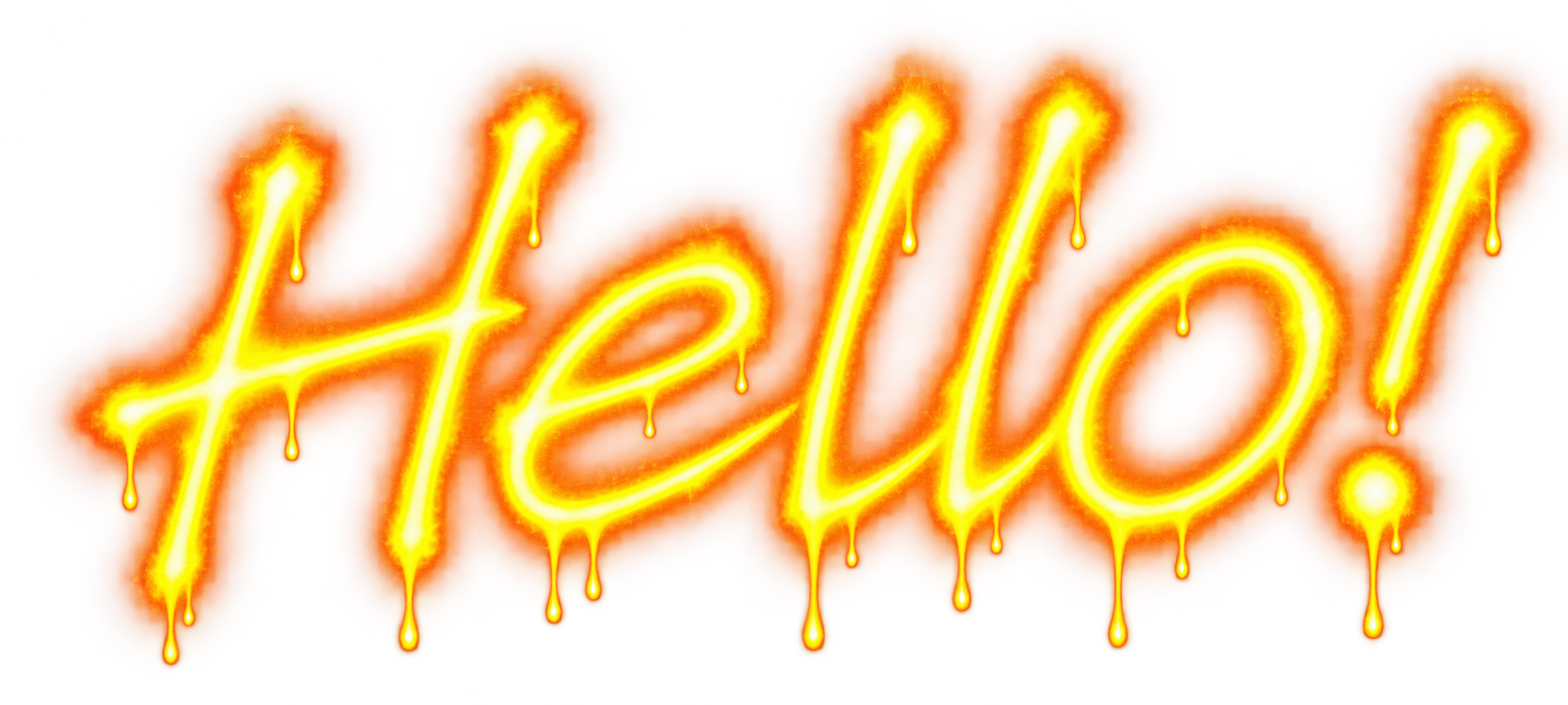 Neon-style sign that says 'Hello!' in bright yellow and orange colors with a dripping effect.