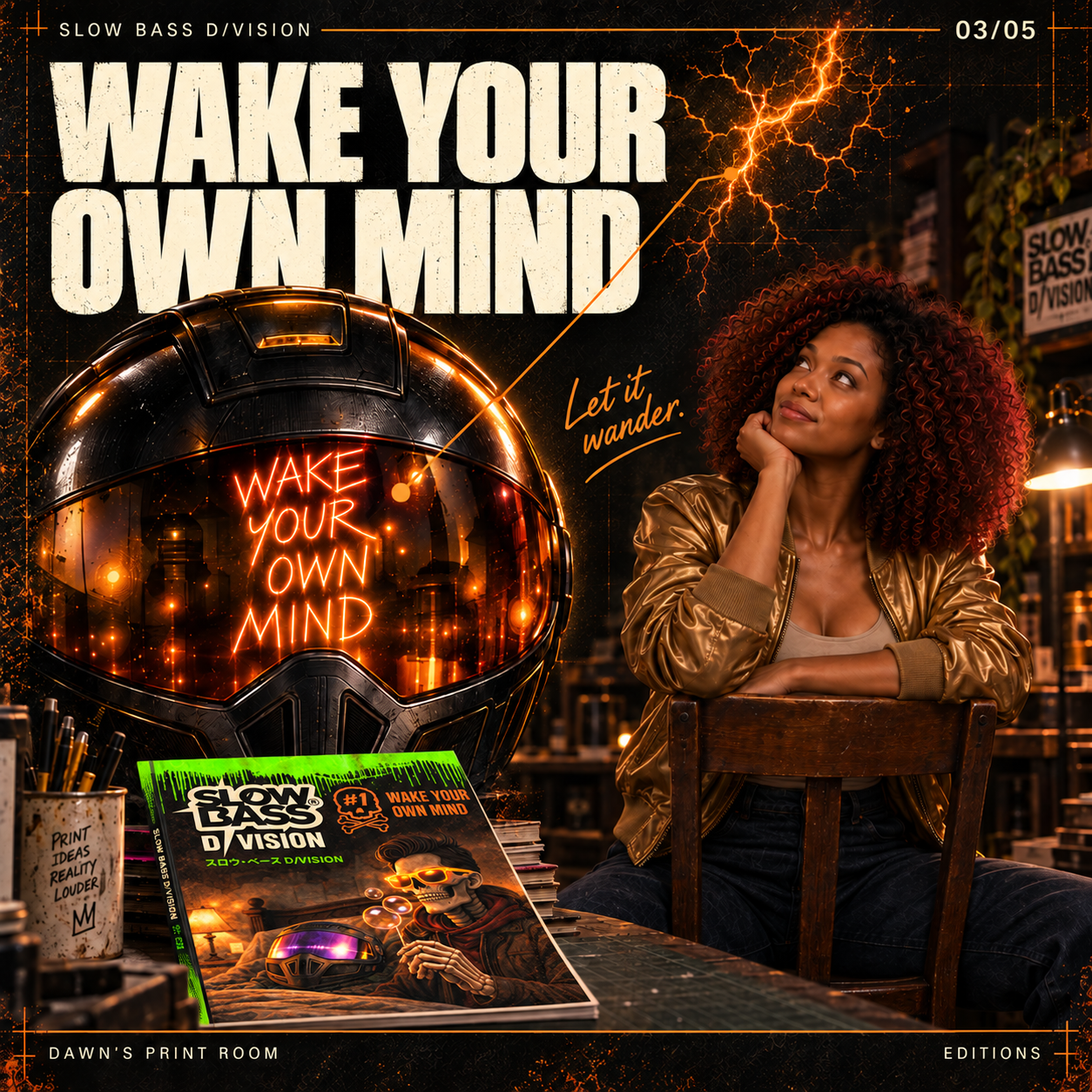 Dawn gazes upwards beside a close-up of SVO’s helmet, its visor glowing with “WAKE YOUR OWN MIND”. The Issue #1 poster rests on the table.