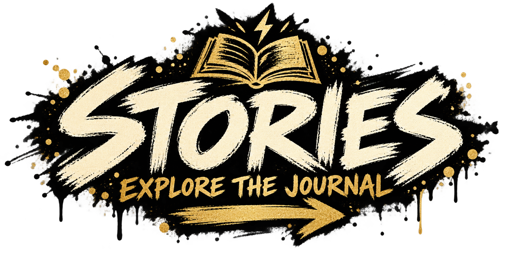 Artwork with the words 'Stories' and 'Explore the Journal' in a creative font, an open book, and decorative gold and black paint splashes.