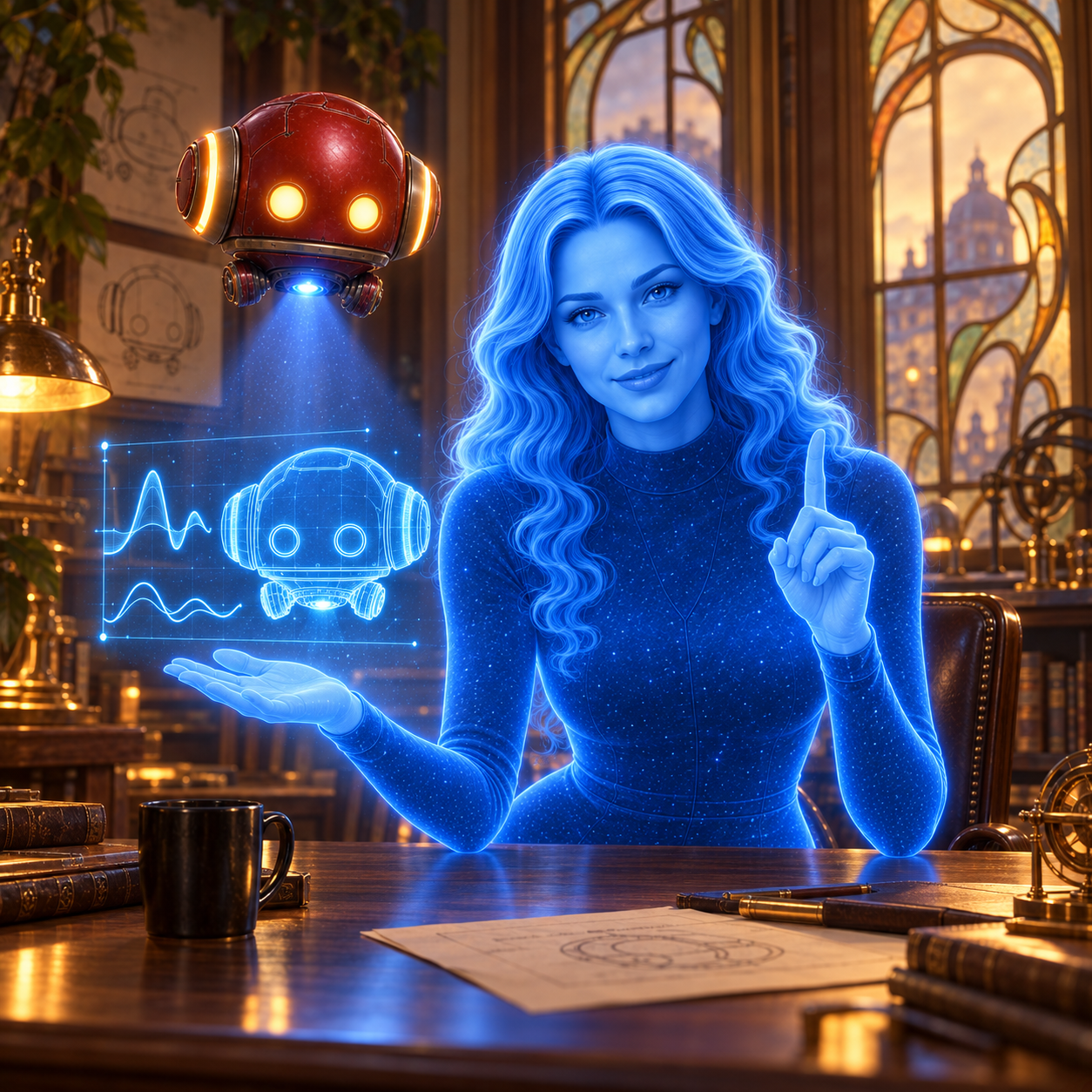 00-nora-introduction.png — Blue holographic Nora sits at her studio desk, raising one finger beside a floating technical projection of RØBY#1.