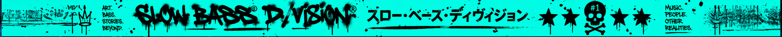 Teal background with black graffiti-style text reading 'SLOW BASS DIVISION' and Japanese characters, along with various symbols like stars, a skull, and abstract designs.