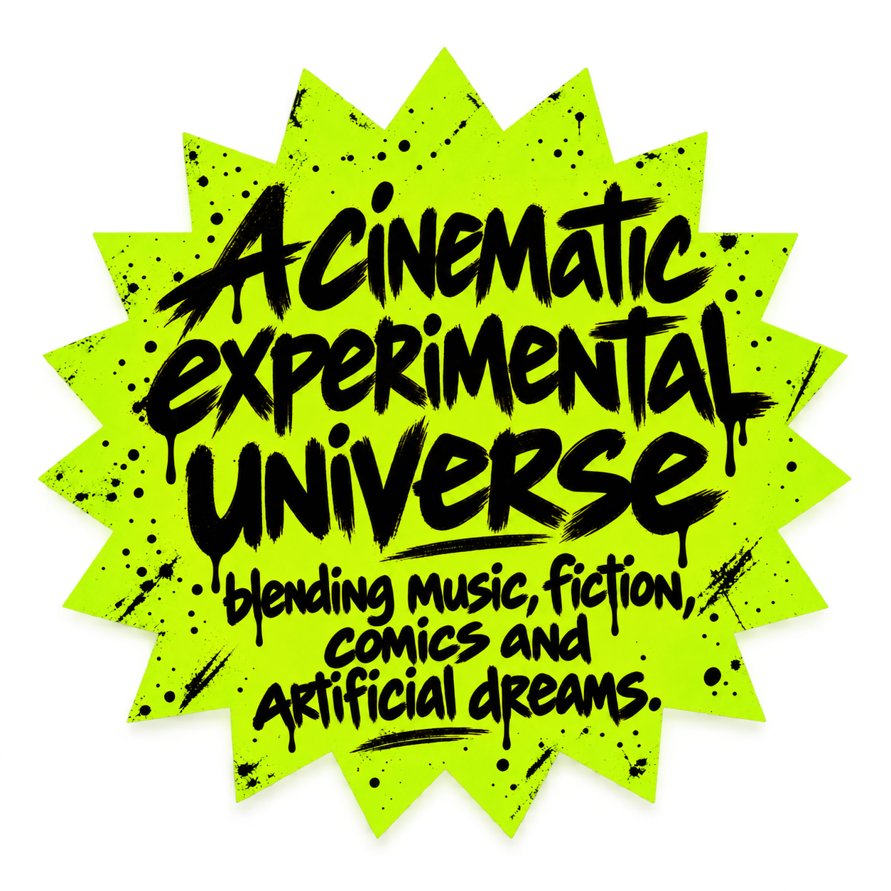 Bright green comic-style explosion shape with black handwritten text promoting an experimental universe blending music, fiction, comics, and artificial dreams.
