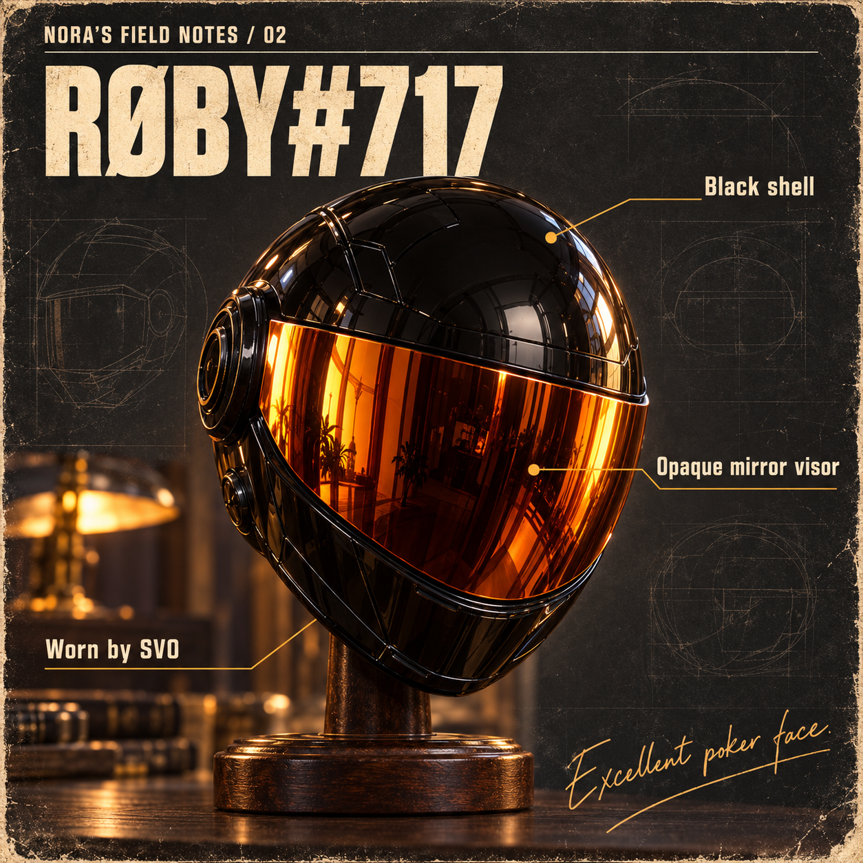 Annotated close-up of RØBY#717 on a wooden stand, identifying its black shell and opaque mirrored visor.