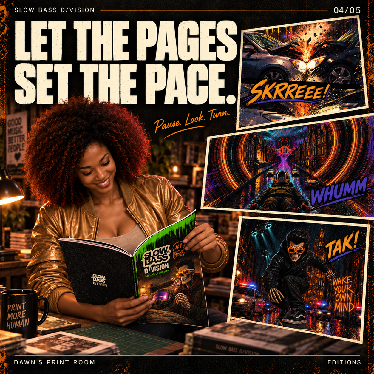 Dawn reads Issue #1 beside panels depicting a car crash, a glowing city vortex and Hellias skateboarding. Text reads: “Let the Pages Set the Pace.”