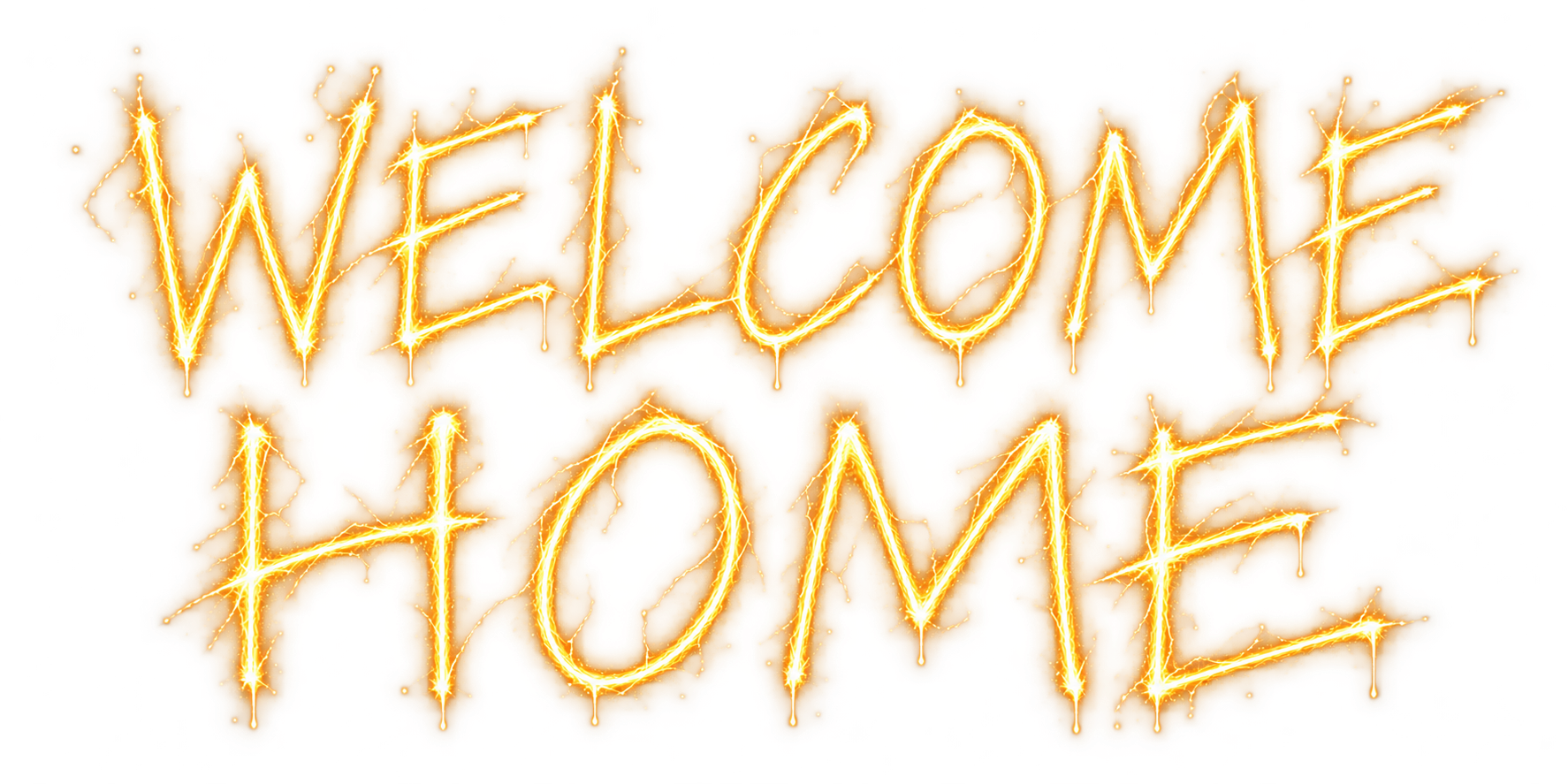 Bright, sparkling neon sign with the words "WELCOME HOME" written in a yellow-orange color with white highlights, glowing with a fiery effect.