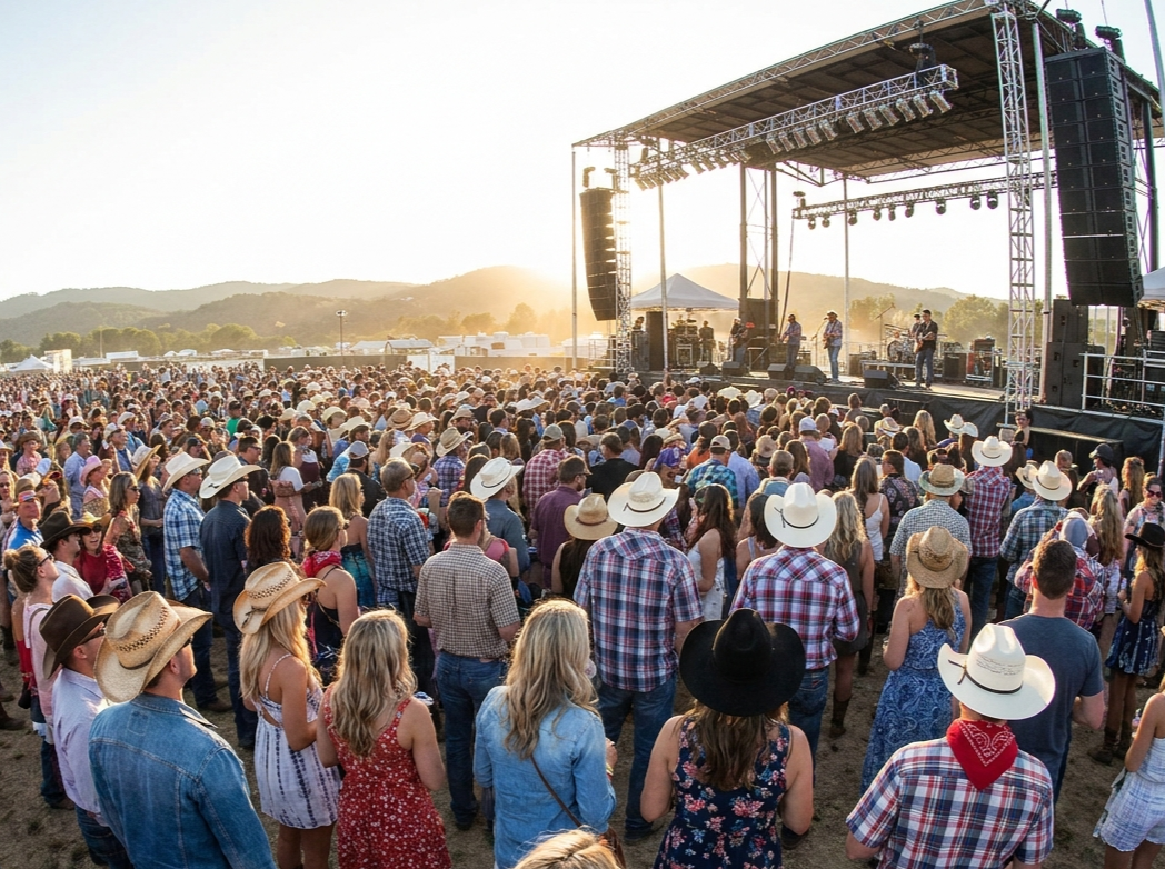 Crowd of people at an outdoor country music concert, many wearing cowboy hats, during sunset with a stage playing band in the background