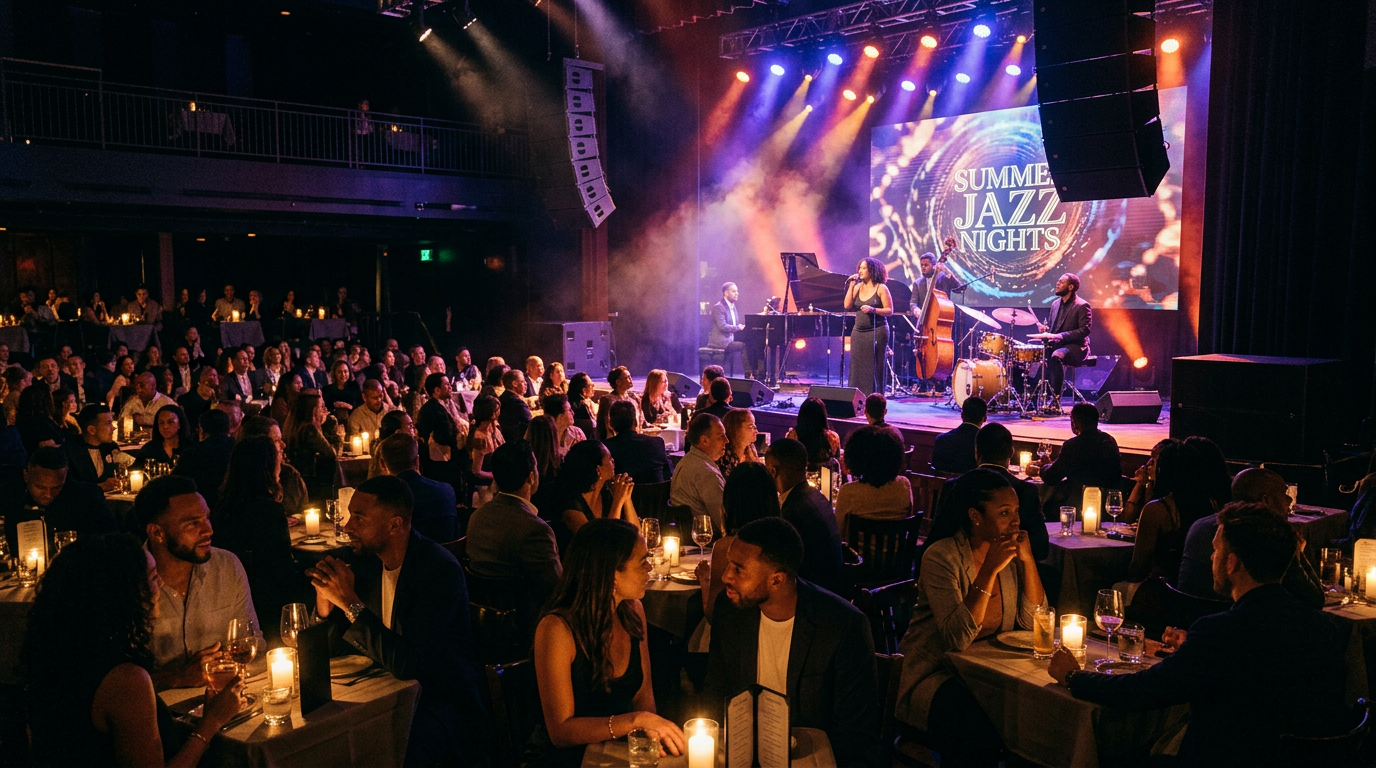 A jazz concert at night with a band performing on stage during Summer Jazz Nights, while an audience sits at tables with candles watching.