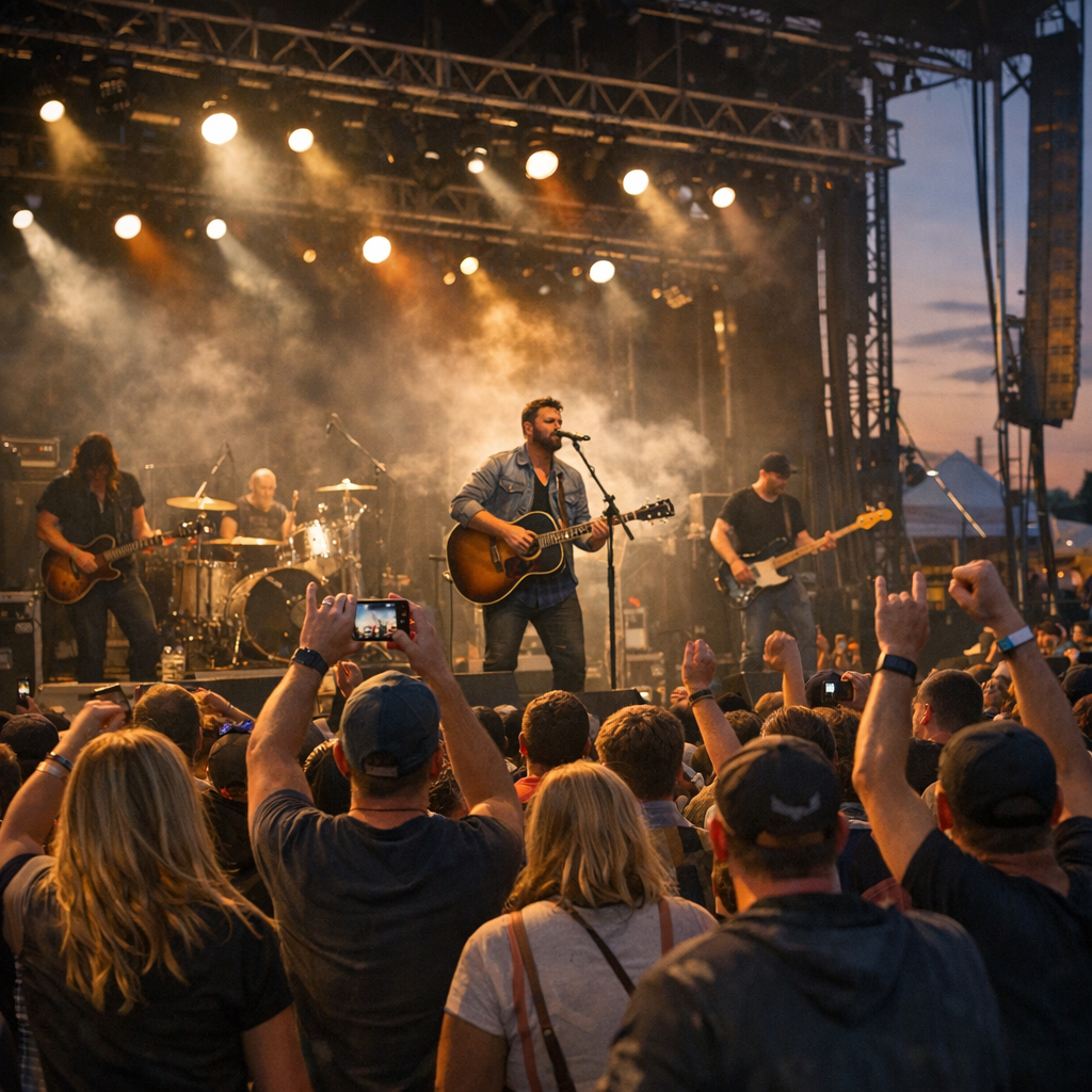 A live outdoor concert during sunset with a band performing on stage, featuring a lead singer playing guitar, surrounded by band members, with an audience raising hands and capturing the moment with phones.