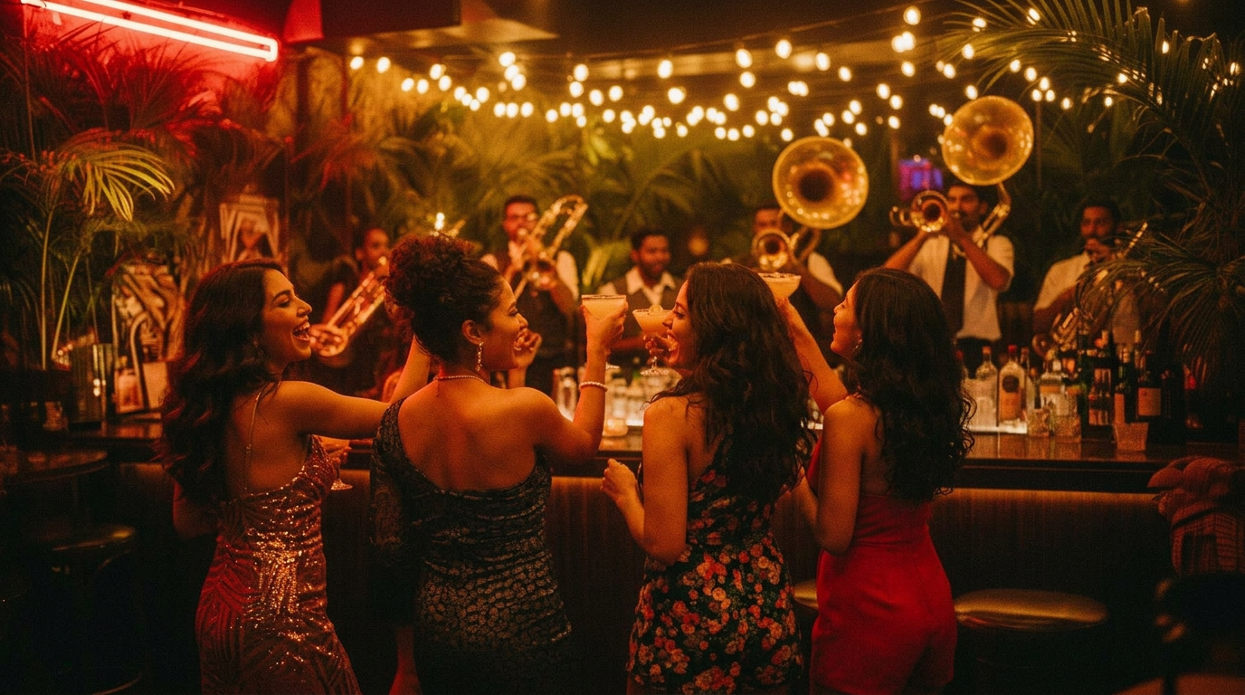 Four women are at a bar raising drinks and smiling, with a jazz band playing in the background in a warmly lit, tropical-themed venue.