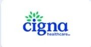 Cigna Healthcare logo with blue text and green dotted emblem above