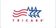 Logo with red wavy lines, blue mountain peaks, and red stars above the word TRICARE