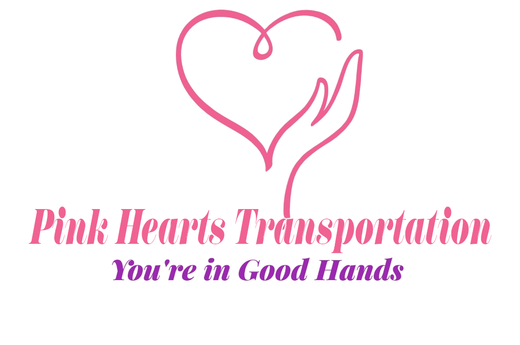 Pink Heart Transportation logo with a heart and hand graphic, and the words "Pink Hearts Transportation" in pink, and "You're in Good Hands" in purple.