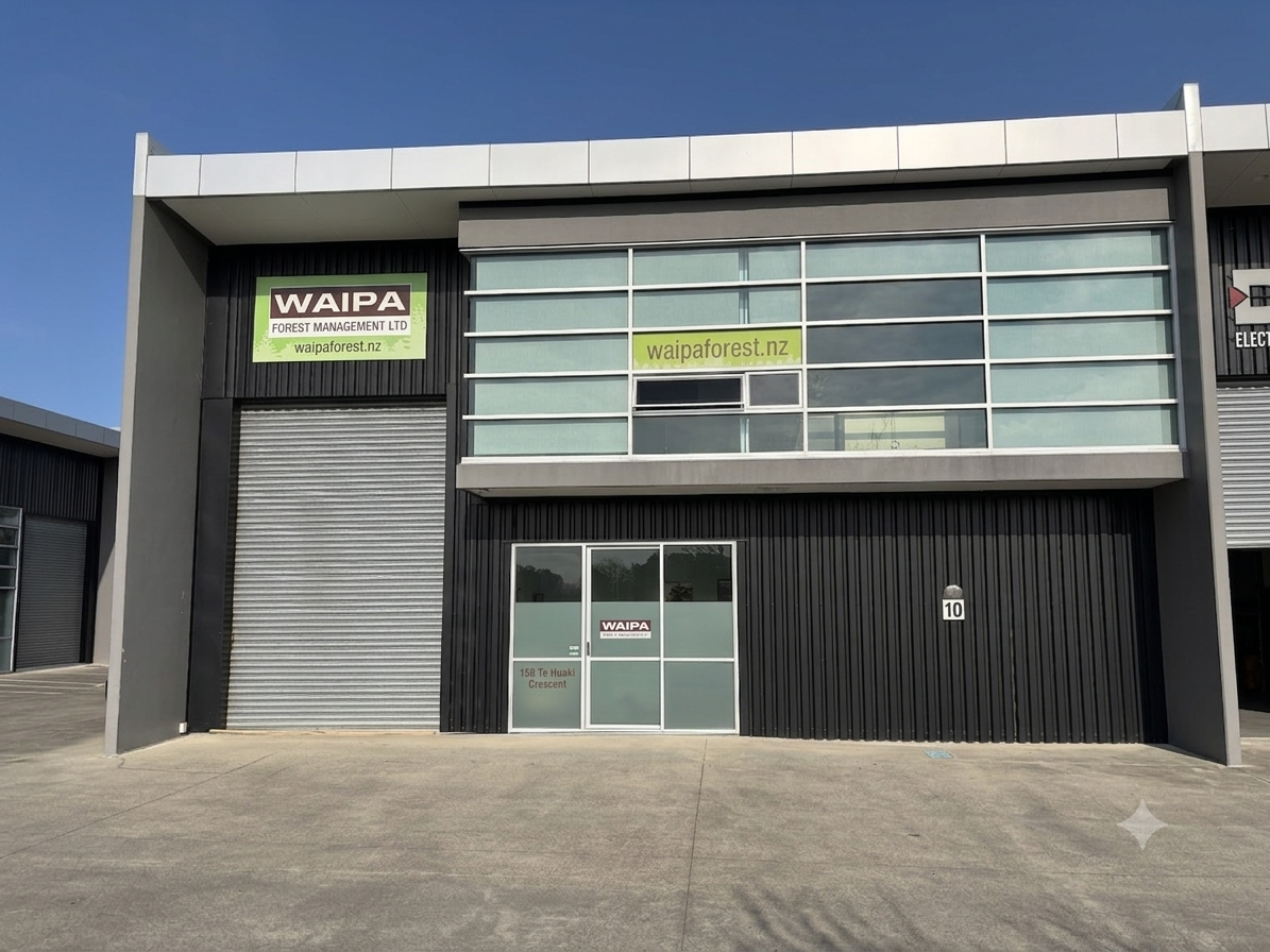 Modern commercial building with black and gray exterior, featuring signs for WAIPA Forest Management Ltd and waipaforest.nz, and a garage door. Clear sky in the background.