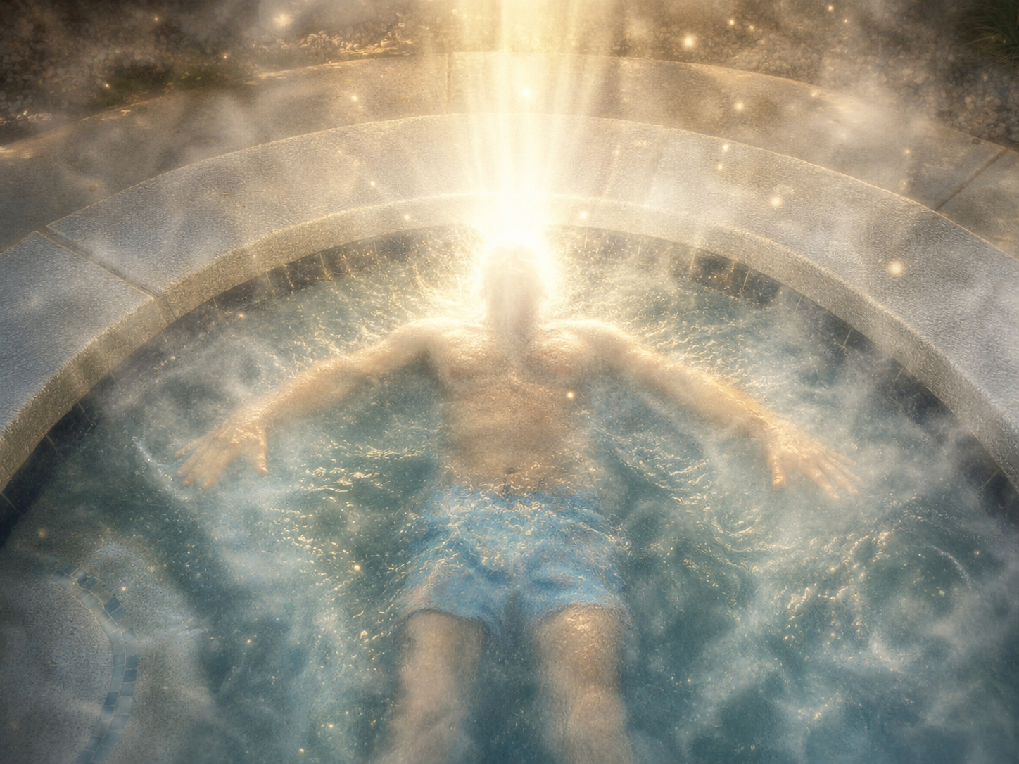 A person submerged in a hot tub with a radiant light emitting from above their head, surrounded by steam and sparkling particles.