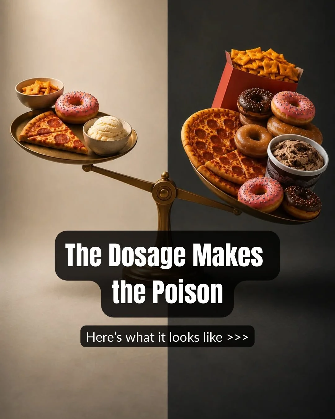 Share with 1 friend 💪

&ldquo;The dosage makes the poison.&rdquo;

Most people treat nutrition like it&rsquo;s all-or-nothing&hellip;

Pizza = bad
Ice cream = bad
Donuts = bad

But food is nothing to fear. It&rsquo;s just math.
A few bites? Fine.

A