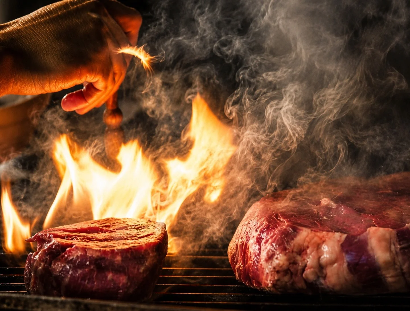 Close-up of two large pieces of raw beef steak on a grill, with flames and smoke rising as a hand holds a fork nearby.