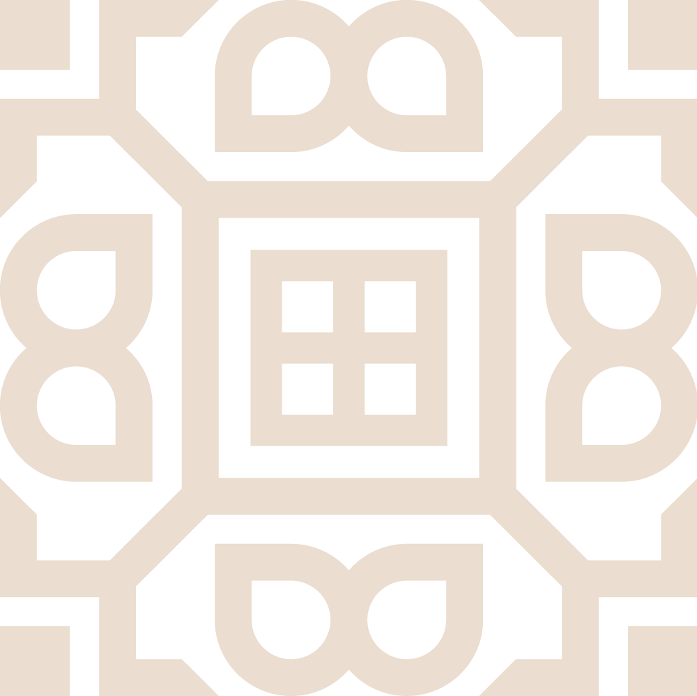 A geometric pattern with black and beige colors, featuring shapes resembling stylized flowers or leaves arranged symmetrically.