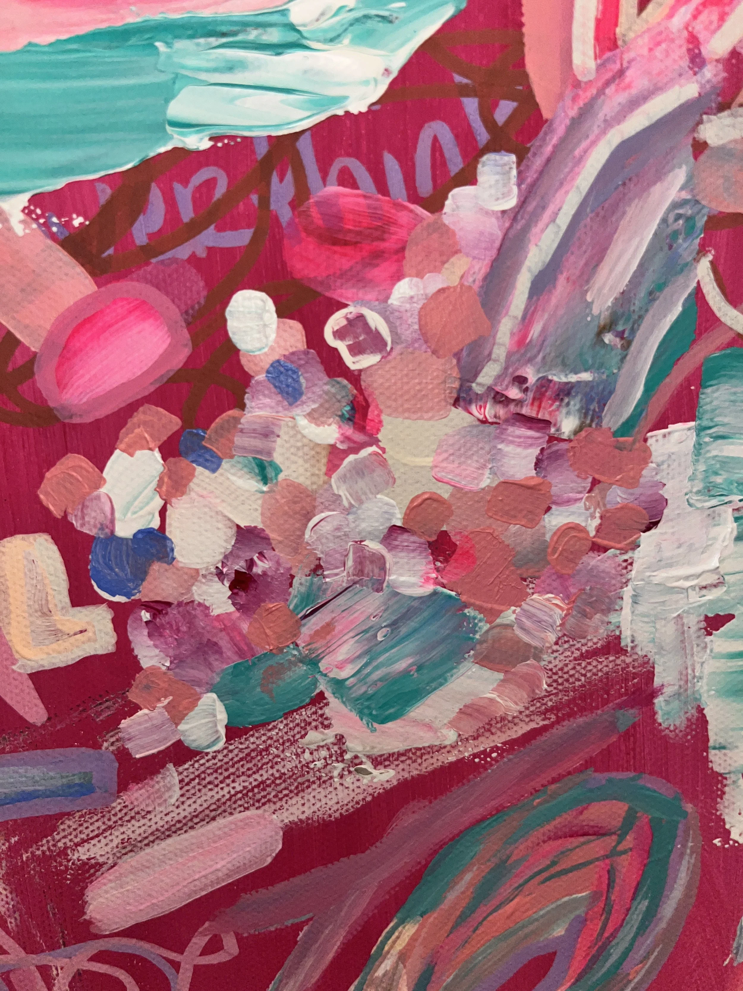 Abstract painting with pink, red, purple, teal, white, and brown brushstrokes, dots, and swirls.