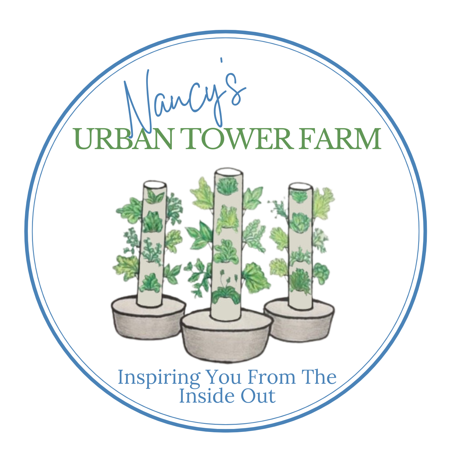 Illustration of vertical hydroponic gardening with leafy greens growing in tubes arranged in three rows, with plants at various stages of growth.