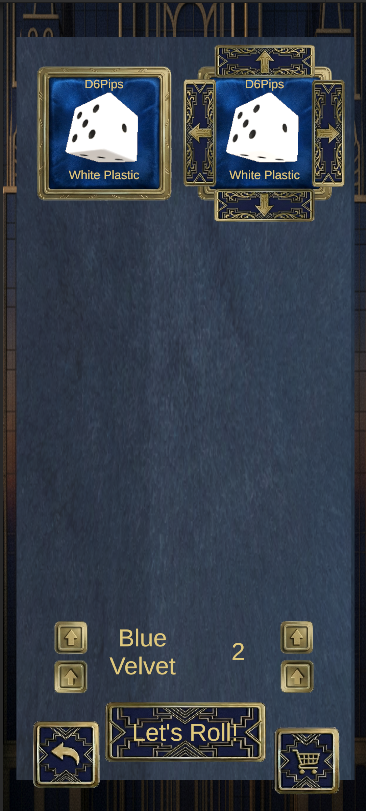 A game interface showing two dice cards labeled 'D6Pips White Plastic' at the top, and a section at the bottom with 'Blue Velvet 2', various arrow buttons for scrolling, and a 'Let's Roll' button, all set against a dark blue background.