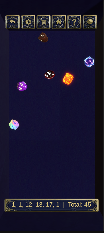 A digital board game screen with multiple colorful dice rolling and icons at the top, including a home, question mark, and gear, along with a list of rolled numbers at the bottom and a total score of 45.