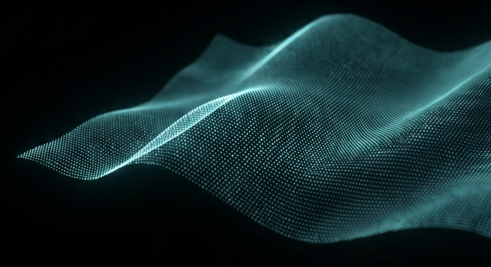 Digital abstract wave pattern in teal color on black background.
