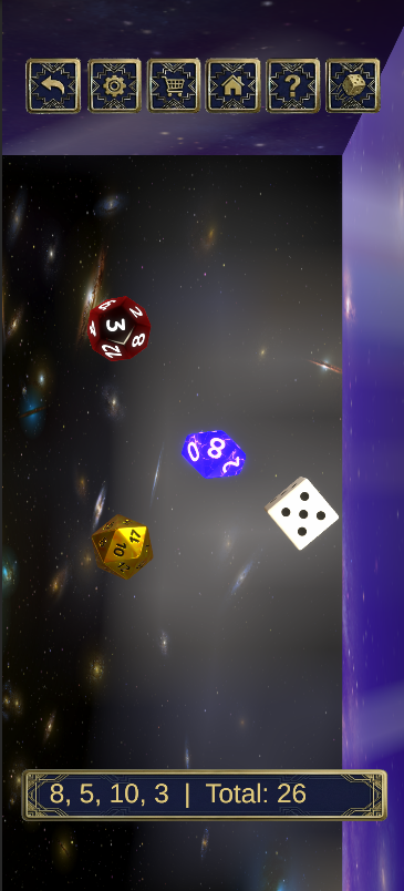 Digital game interface with space-themed background and celestial objects, including dice and numbered tokens, displaying a sequence of numbers and their total.