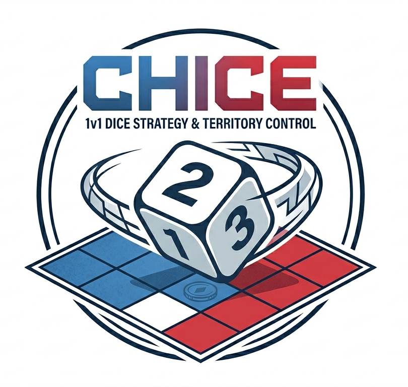 Logo for CHICE, a 1v1 dice strategy and territory control game, featuring a stylized 3D dice with the numbers 1, 2, and 3, placed on a game board with blue and red territories.