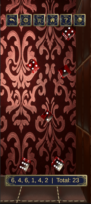 A digital game screen displaying a game of dice and a row of icons at the top. The dice are red with white dots, some showing the numbers 2, 4, 6, and 1. The background has a red and black patterned design. The bottom shows a score of 23, with severa