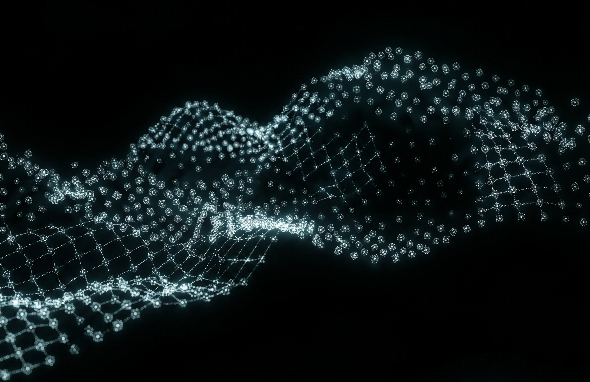 Close-up of a glowing digital network or web of interconnected nodes on a black background.