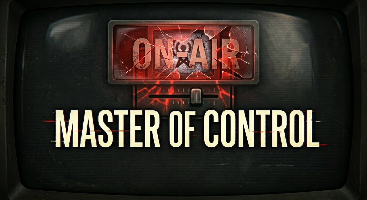 Broken TV screen displaying the text 'ON AIR' with cracks and the phrase 'MASTER OF CONTROL' below.