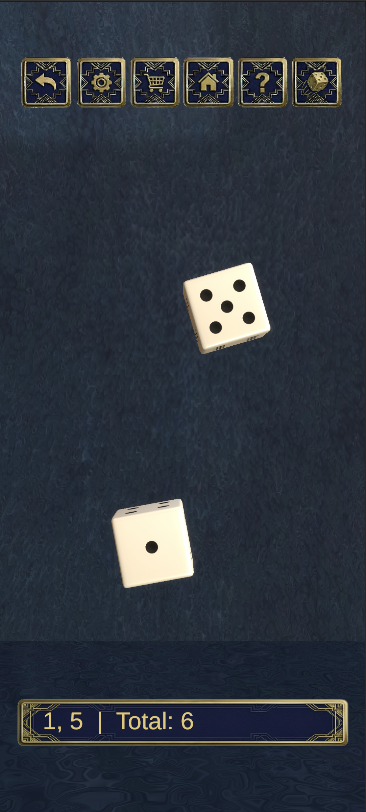 A dice game with two white dice on a dark surface, showing 4 and 1. Slots at the top contain icons for game options, and the bottom displays the roll totals, with a current total of 6.
