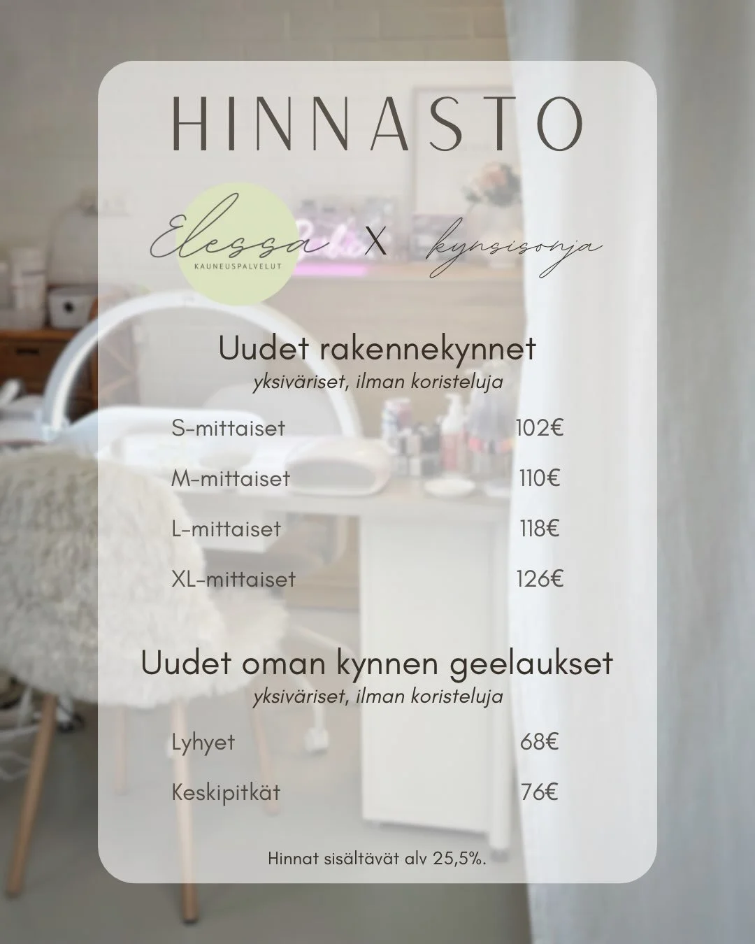 Hinnasto 1.9.2026 eteenp&auml;in! Kiitos kun k&auml;yt&auml;tte mun palveluita. ❤️ Yritin pit&auml;&auml; muutokset maltillisena, eli huoltoihin tuli 5&euro; korotus, jonka varmasti pystyy s&auml;&auml;st&auml;m&auml;&auml;n esim. ostamalla kaks redb
