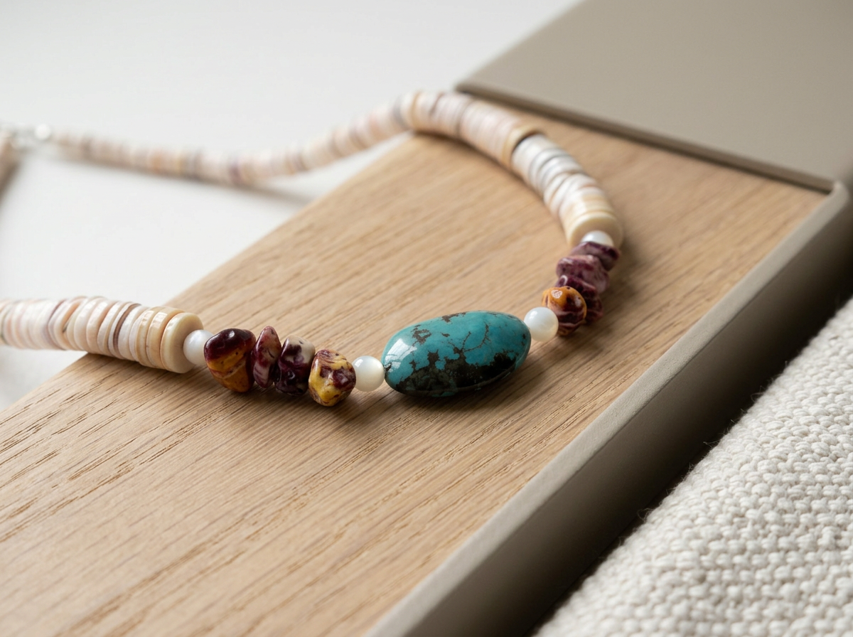 A beaded necklace with a turquoise and brown stone pendant, resting on a wooden tray.